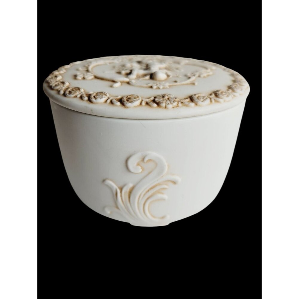 Vintage Lefton Trinket Box Bisque Cherub Design Round Nightstand Container With - Picture 3 of 9